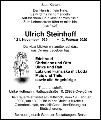 Traueranzeige von Ulrich Steinhoff von Nordwest-Zeitung