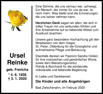 Traueranzeige von Ursel Reinke von Nordwest-Zeitung