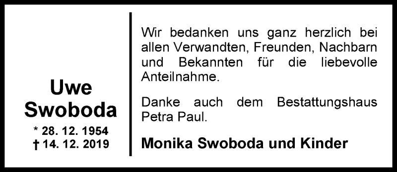  Traueranzeige für Uwe Swoboda vom 01.02.2020 aus Nordwest-Zeitung