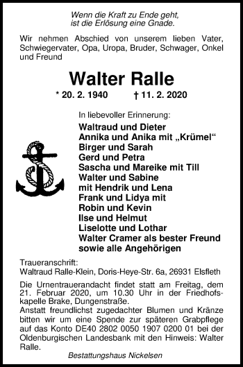 Traueranzeige von Walter Ralle von Nordwest-Zeitung