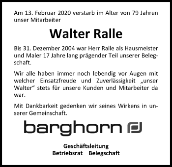 Traueranzeige von Walter Ralle von Nordwest-Zeitung