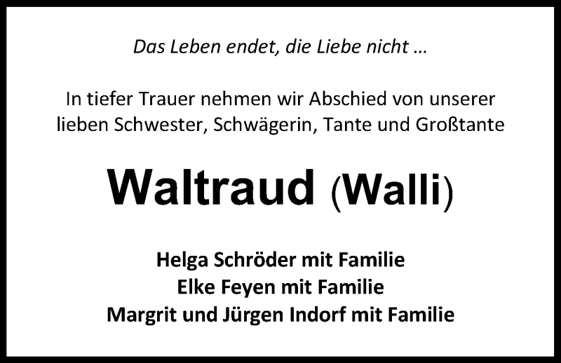  Traueranzeige für Waltraud Brüling vom 01.02.2020 aus Nordwest-Zeitung