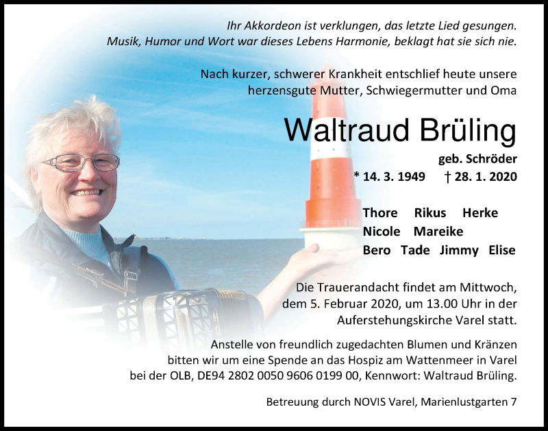  Traueranzeige für Waltraud Brüling vom 01.02.2020 aus Nordwest-Zeitung