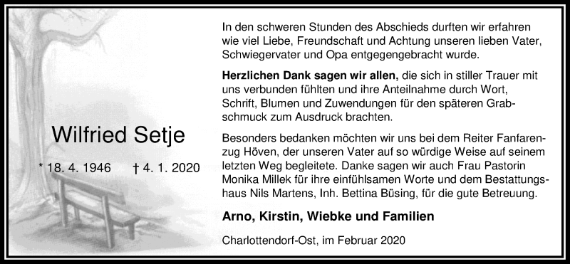  Traueranzeige für Wilfried Setje vom 29.02.2020 aus Nordwest-Zeitung