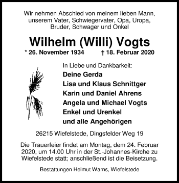 Traueranzeige von Wilhelm Vogts von Nordwest-Zeitung