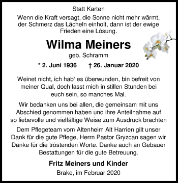 Traueranzeige von Wilma Meiners von Nordwest-Zeitung