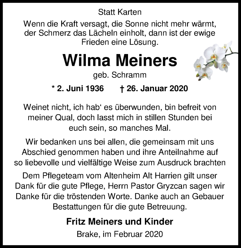  Traueranzeige für Wilma Meiners vom 22.02.2020 aus Nordwest-Zeitung