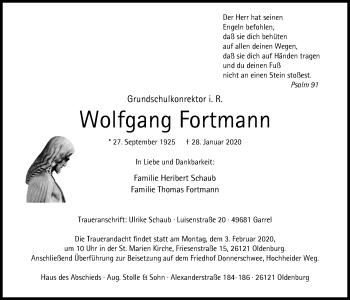 Traueranzeige von Wolfgang Fortmann von Nordwest-Zeitung