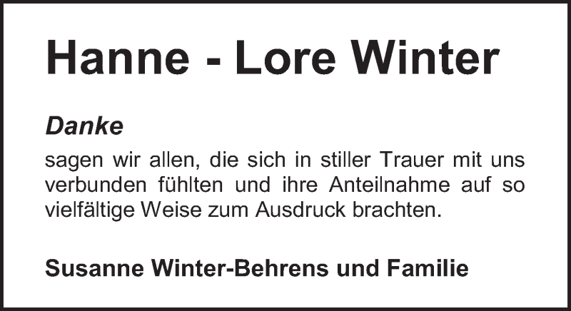  Traueranzeige für Hanne-Lore Winter vom 13.03.2020 aus Nordwest-Zeitung