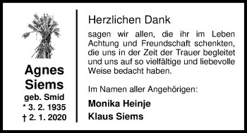 Traueranzeige von Agnes Siems von Nordwest-Zeitung