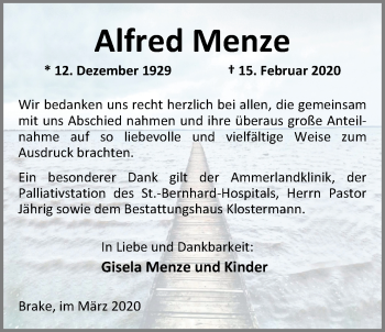 Traueranzeige von Alfred Menze von Nordwest-Zeitung