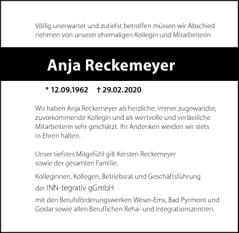 Traueranzeige von Anja Reckemeyer von Nordwest-Zeitung