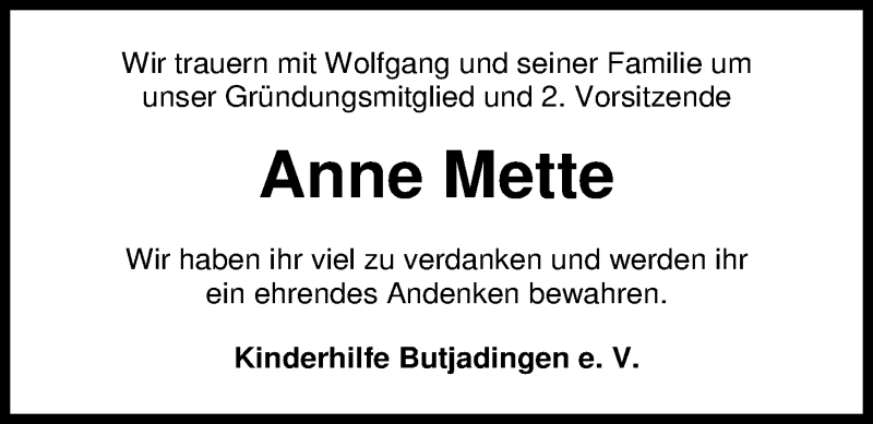  Traueranzeige für Anne Mette vom 31.03.2020 aus Nordwest-Zeitung