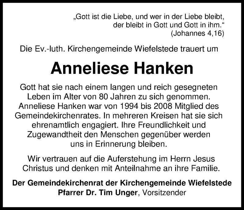  Traueranzeige für Anneliese Hanken vom 03.03.2020 aus Nordwest-Zeitung
