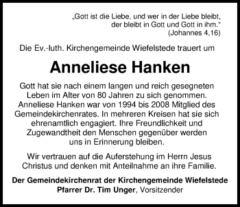 Traueranzeige von Anneliese Hanken von Nordwest-Zeitung