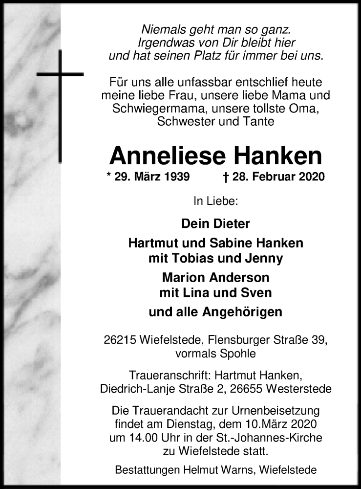  Traueranzeige für Anneliese Hanken vom 03.03.2020 aus Nordwest-Zeitung