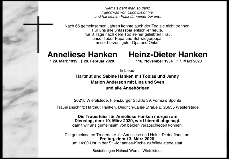  Traueranzeige für Anneliese Hanken vom 09.03.2020 aus Nordwest-Zeitung