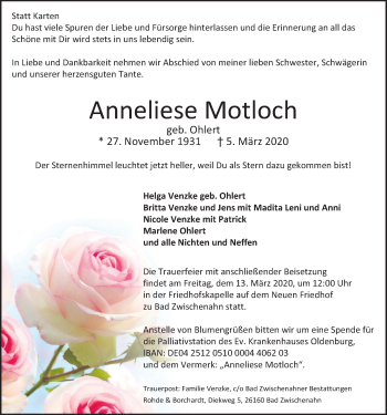 Traueranzeige von Anneliese Motloch von Nordwest-Zeitung