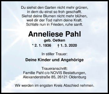 Traueranzeige von Anneliese Pahl von Nordwest-Zeitung