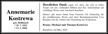 Traueranzeige von Annemarie Kostrewa von Nordwest-Zeitung