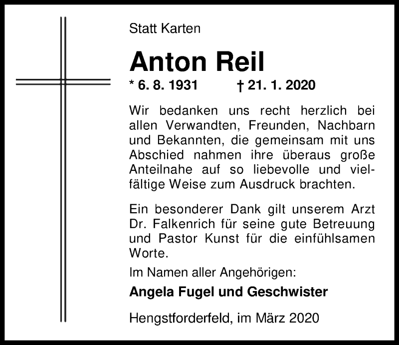  Traueranzeige für Anton Reil vom 07.03.2020 aus Nordwest-Zeitung