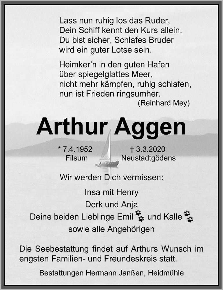  Traueranzeige für Arthur Aggen vom 07.03.2020 aus Nordwest-Zeitung