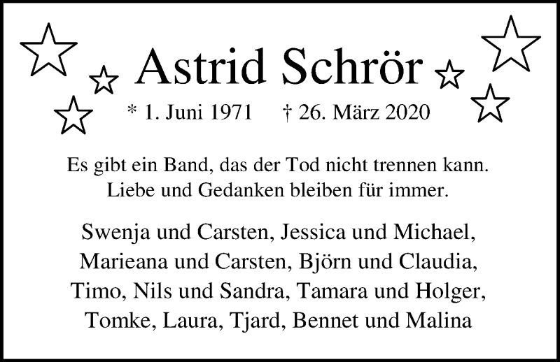  Traueranzeige für Astrid Schrör vom 31.03.2020 aus Nordwest-Zeitung