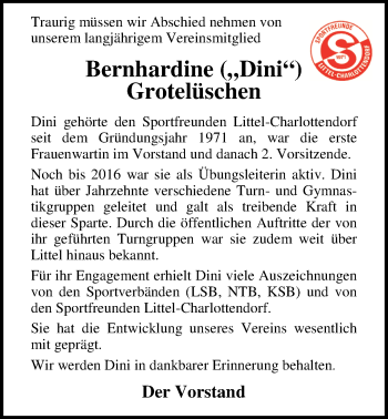 Traueranzeige von Bernhardine Grotelüschen von Nordwest-Zeitung