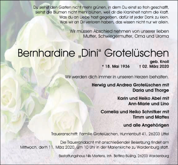 Traueranzeige von Bernhardine Grotelüschen von Nordwest-Zeitung