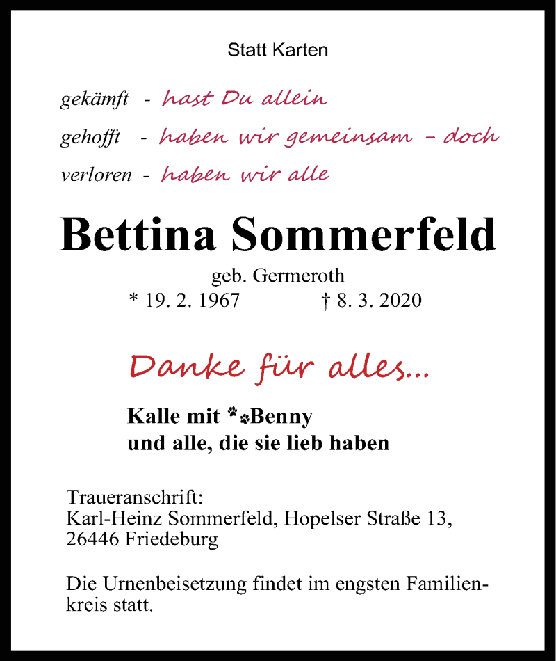  Traueranzeige für Bettina Sommerfeld vom 23.03.2020 aus Nordwest-Zeitung