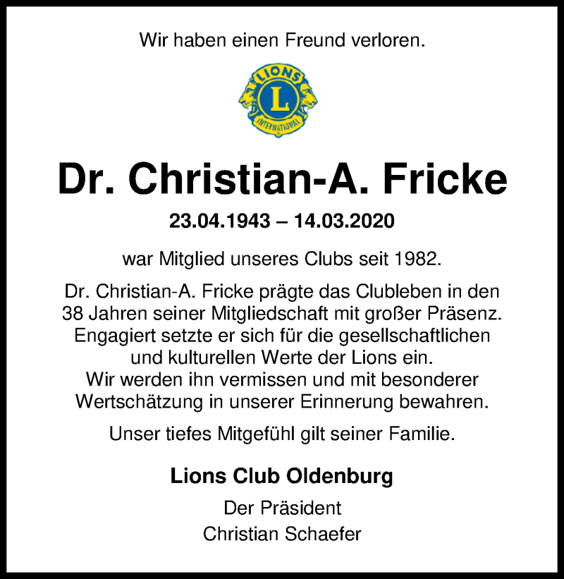 Traueranzeige für Dr. Christian-A. Fricke vom 21.03.2020 aus Nordwest-Zeitung