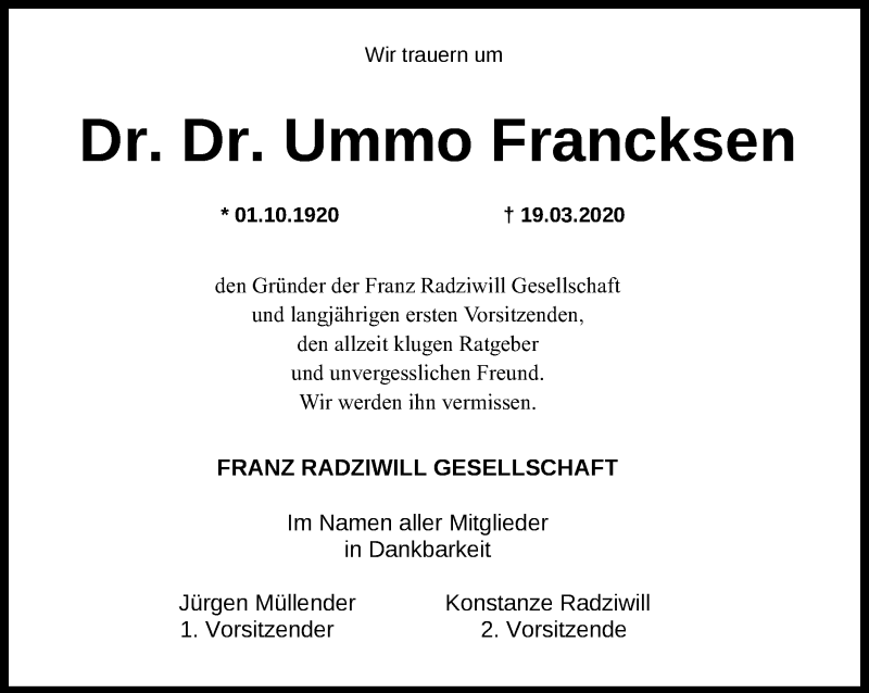  Traueranzeige für Dr. Dr. Ummo Francksen vom 24.03.2020 aus Nordwest-Zeitung