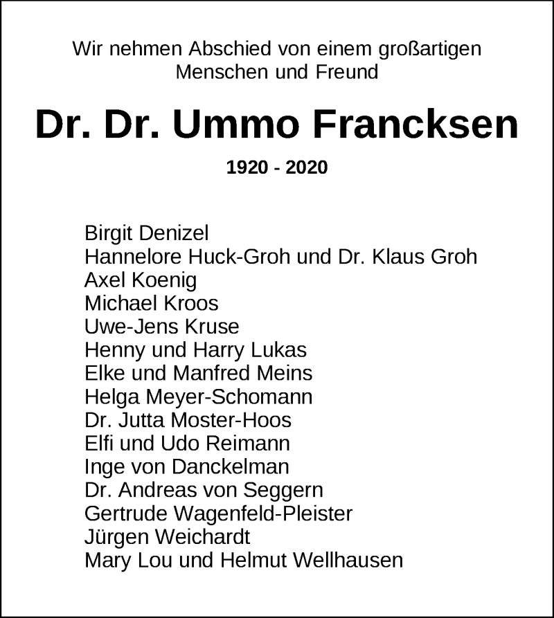  Traueranzeige für Dr. Dr. Ummo Francksen vom 25.03.2020 aus Nordwest-Zeitung