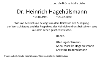 Traueranzeige von Dr. Heinrich Hagehülsmann von Nordwest-Zeitung