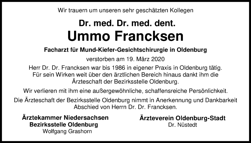  Traueranzeige für Dr. Dr. Ummo Francksen vom 27.03.2020 aus Nordwest-Zeitung