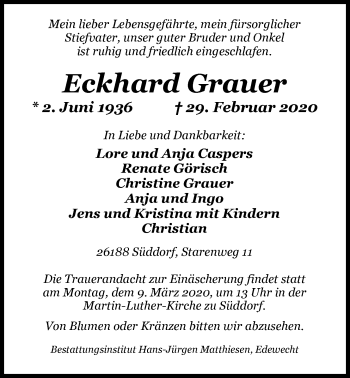 Traueranzeige von Eckhard Grauer von Nordwest-Zeitung