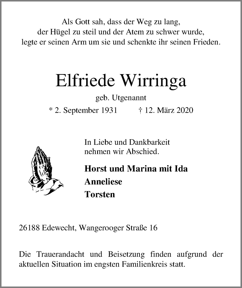  Traueranzeige für Elfriede Wirringa vom 17.03.2020 aus Nordwest-Zeitung