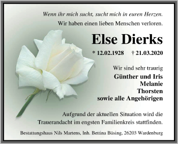 Traueranzeige von Else Dierks von Nordwest-Zeitung