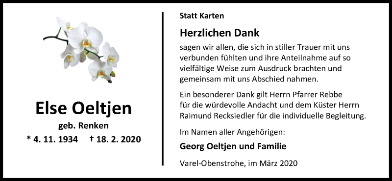  Traueranzeige für Else Oeltjen vom 31.03.2020 aus Nordwest-Zeitung