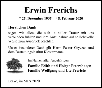 Traueranzeige von Erwin Frerichs von Nordwest-Zeitung