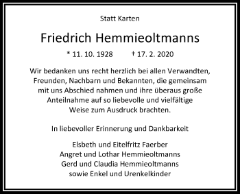 Traueranzeige von Friedrich Hemmieoltmanns von Nordwest-Zeitung