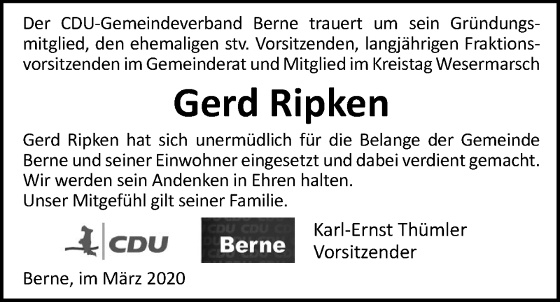  Traueranzeige für Gerd Ripken vom 04.03.2020 aus Nordwest-Zeitung