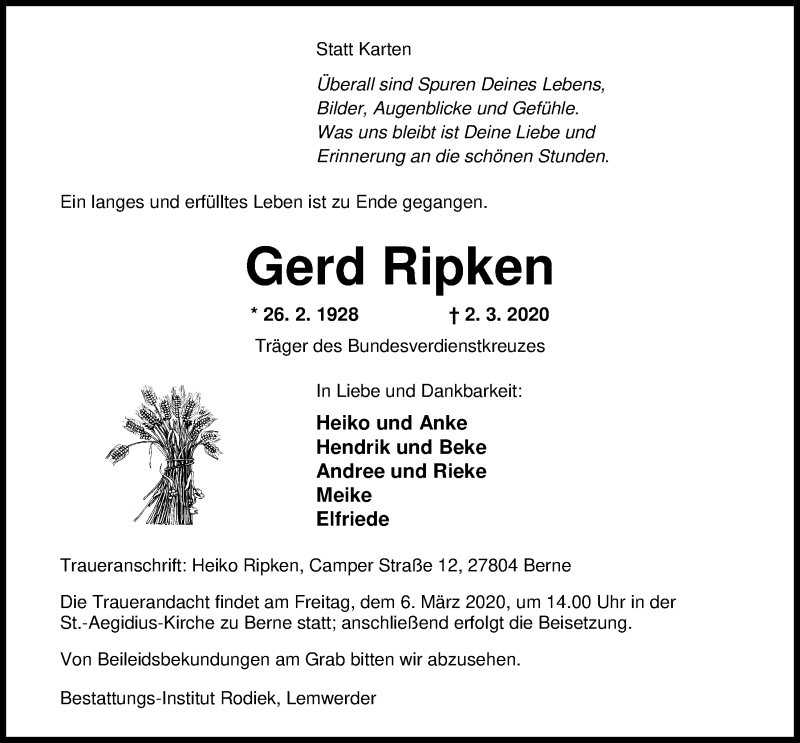  Traueranzeige für Gerd Ripken vom 04.03.2020 aus Nordwest-Zeitung