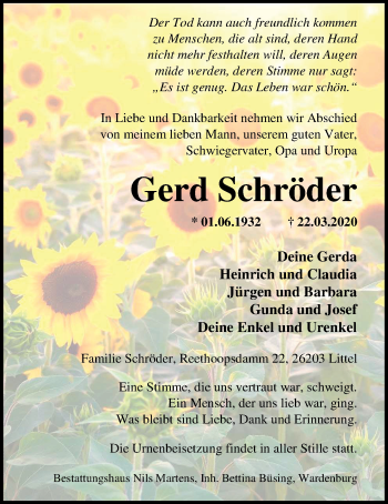 Traueranzeige von Gerd Schröder von Nordwest-Zeitung