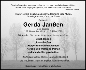Traueranzeige von Gerda Janßen von Nordwest-Zeitung