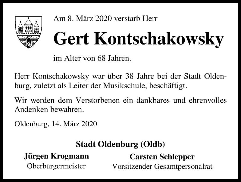  Traueranzeige für Gert Kontschakowsky vom 14.03.2020 aus Nordwest-Zeitung