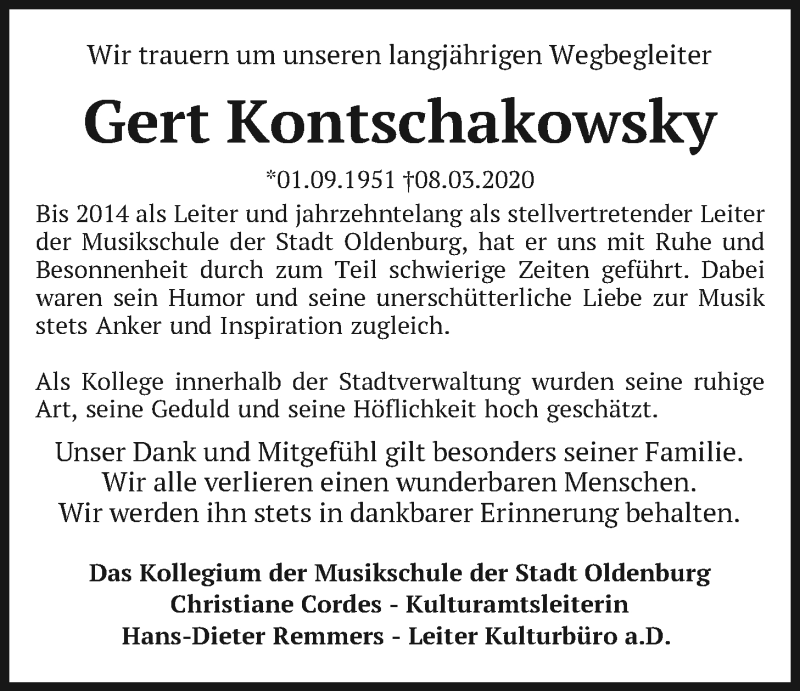  Traueranzeige für Gert Kontschakowsky vom 18.03.2020 aus Nordwest-Zeitung
