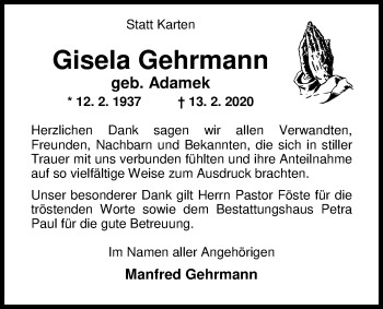 Traueranzeige von Gisela Gehrmann von Nordwest-Zeitung