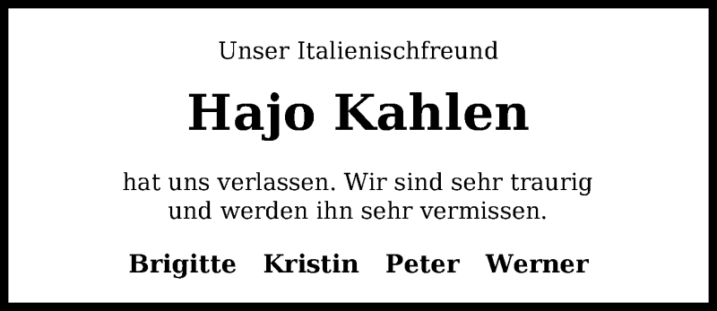  Traueranzeige für Hajo Kahlen vom 14.03.2020 aus Nordwest-Zeitung