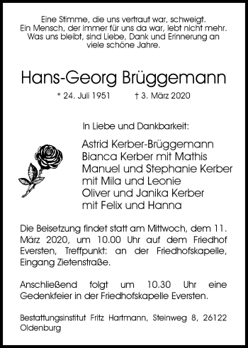 Traueranzeige von Hans-Georg Brüggemann von Nordwest-Zeitung